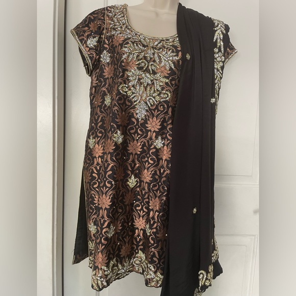 Copper and black Indian suit salwar kameez brocade suit Punjabi Pakistan - Picture 5 of 11
